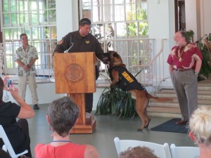 As Gov. Neil Abercrombie looked on, the deputy K9s donned their custom vests in public for the first time at an unveiling held today at Washington Place.